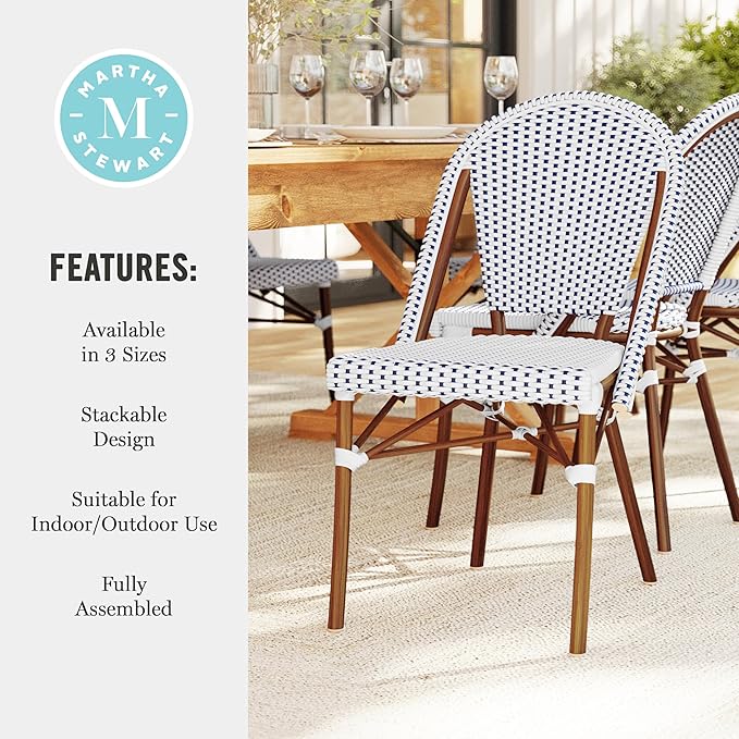 Martha Stewart Lily Pond Indoor Outdoor Stackable Bistro Outdoor Chairs with Natural Woodgrain Aluminum Frame Finish, White/Navy Woven Rattan Backrests/Seats, Set of 2