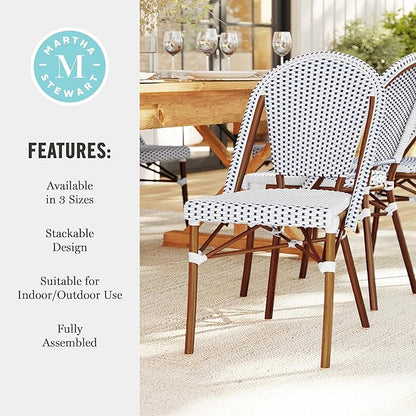 Martha Stewart Lily Pond Indoor Outdoor Stackable Bistro Outdoor Chairs with Natural Woodgrain Aluminum Frame Finish, White/Navy Woven Rattan Backrests/Seats, Set of 2