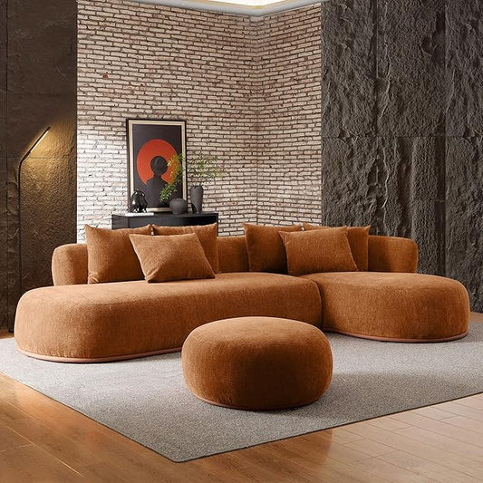 WILLIAMSPACE 134.63" Oversize Curved Sofa Cloud Couch with Round Chaise & Ottoman, Modern Upholstered Curved Sectional Sofa Couch with 6 Pillows for Living Room, No Assembly (Right-Facing,Orange)