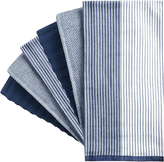 Premium Kitchen Towels 6 Pack Large Cotton Flat Terry Absorbent Tea Towels with Hanging Loop Navy Blue 20x28