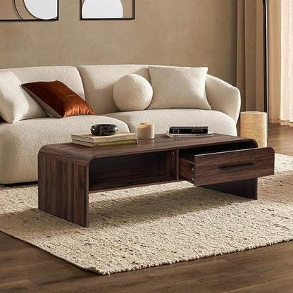 LuxenHome 47” Coffee Table with Storage, Mid-Century Modern Walnut Finish Wood Center Table with 2-Drawer and Open Shelf for Living Room, Accent Cocktail Tables with Safe Rounded Corners