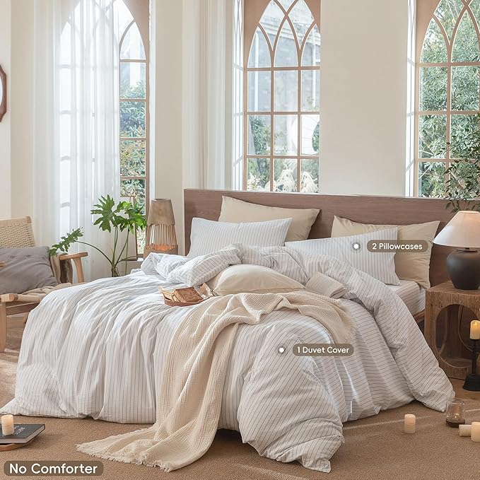 MooMee Striped Duvet Cover Set 100% Washed Cotton Linen Like Textured Breathable Durable Soft Comfy (White Cornflower Blue Wide Stripes, Oversized King Plus 128"x120")