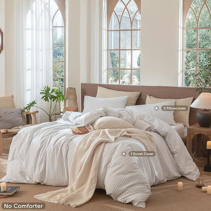 MooMee Striped Duvet Cover Set 100% Washed Cotton Linen Like Textured Breathable Durable Soft Comfy (White Cornflower Blue Wide Stripes, Oversized King Plus 128"x120")