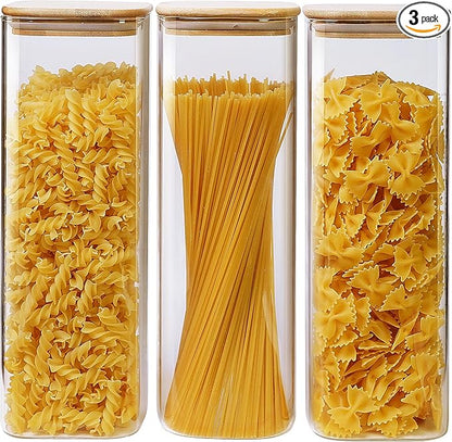 Square Glass Jars with Bamboo Lids 79 FL OZ [Set of 3], Glass Canisters with Airtight Lid, Glass Food Storage Containers for Spaghetti, Fettuccine, Linguine,Pasta, Best for Kitchen & Pantry
