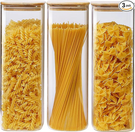 Square Glass Jars with Bamboo Lids 79 FL OZ [Set of 3], Glass Canisters with Airtight Lid, Glass Food Storage Containers for Spaghetti, Fettuccine, Linguine,Pasta, Best for Kitchen & Pantry