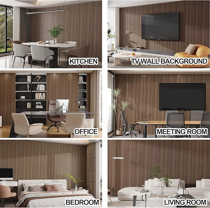 8-Pack WPC Wood Panels for Wall - 96 x 6.6 Inch 3D Acoustic Wall Panels, Water-Proof and Easy Installation, Accent Slat Wall Paneling for Living Room, Office, Walnut