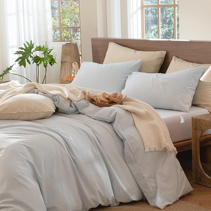 MooMee Striped Duvet Cover Set 100% Washed Cotton Linen Like Textured Breathable Durable Soft Comfy (Cornflower Blue White Pinstripes, Full 80"x90")