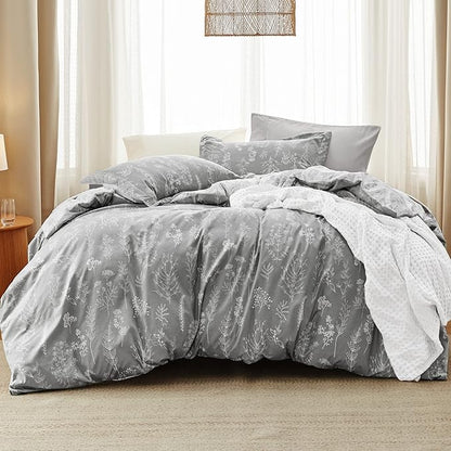 Bedsure California King Comforter Set - Grey Bed Set, 3 Pieces Cute Floral Bedding, 1 Soft Reversible Botanical Flowers Comforter and 2 Pillow Shams