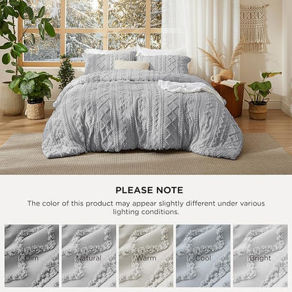 Bedsure Tufted Boho Comforter Set Twin Size - Light Grey Boho Bed Set, GentleSoft™ 2 Pieces Farmhouse Shabby Chic Embroidery Bedding, Gifts for Woman, Soft Jacquard Twin Comforter for All Seasons