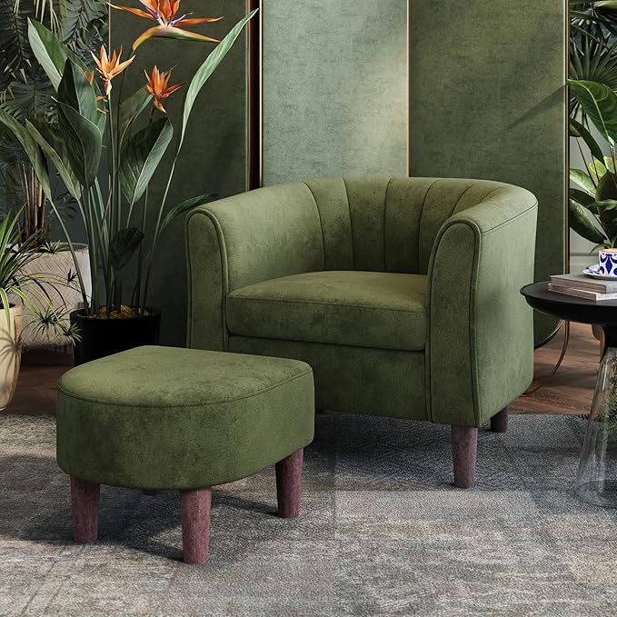 LINSY Accent Chair with Ottoman, Modern Armchair Comfy Barrel Reading Chair with Footrest for Living Room Bedroom Reading Room, Velvet, Olive Green