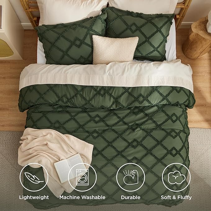 Bedsure Boho Comforter Set Queen - Olive Green Tufted Queen Size Comforter, 3 Pieces Farmhouse Shabby Chic Embroidery Bed Set, Soft Fluffy Geometric Pattern Bedding for All Seasons