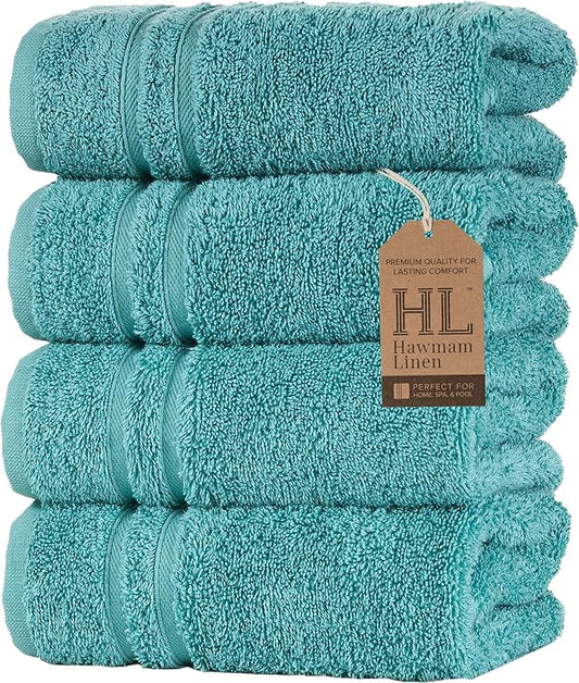 Hawmam Linen Hand Towels 4 Pack Turkish Cotton Premium Quality Soft and Absorbent Small Towels for Bath Towels, Teal Turquoise