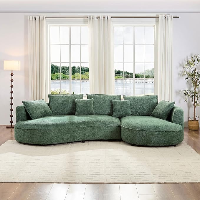 125'' Modern Curved Cloud Sofa Luxury Living Room 5 Seater Combo Sofa Cloud Curve Design Mid Century Upholstered Sofa with Ottoman for Living Room Bedroom Apartment (Boucle, Green)
