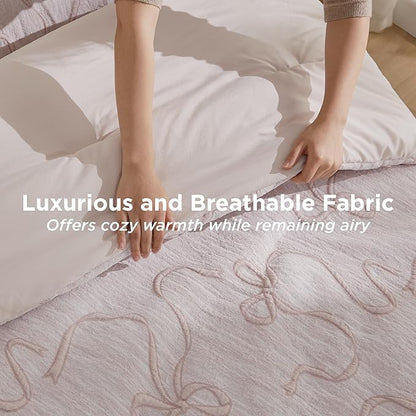 Bedsure Full Comforter Set, Pink Boho Tufted Bed Set, 3D Puffy Jacquard Bedding Full Size, 3 Pieces, 1 Farmhouse Shabby Chic Embroidery Comforter with Bow Pattern & 2 Pillow Cases