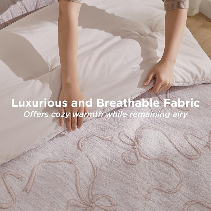 Bedsure Queen Comforter Set, Pink Boho Tufted Bed Set, 3D Puffy Jacquard Bedding Queen Size, 3 Pieces, 1 Farmhouse Shabby Chic Embroidery Comforter with Bow Pattern & 2 Pillow Cases