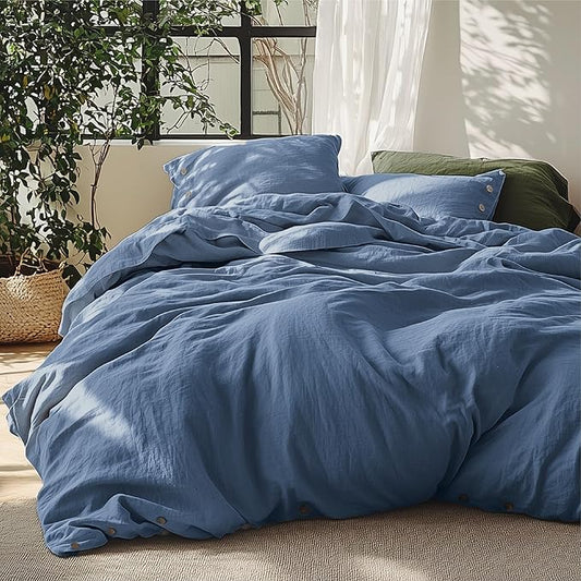 Bedsure Linen Duvet Cover Queen - Linen Cotton Blend Bedding Set, Soft & Cozy, 3 Pieces, 1 Duvet Cover 90x90 Inches and 2 Pillowcases, Foggy Blue Color Cooling Bedding, Comforter Sold Separately