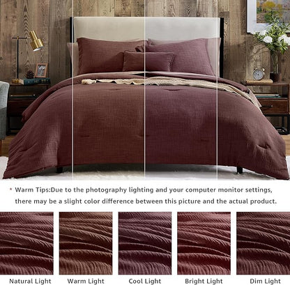 Geniospin Queen Comforter Set - 7 Pieces Comforter Queen Size, Soft Solid Bedding Set for All Season, Textured Bed in a Bag with Sheets, Pillowcases & Shams (Burgundy, 90''x90'')