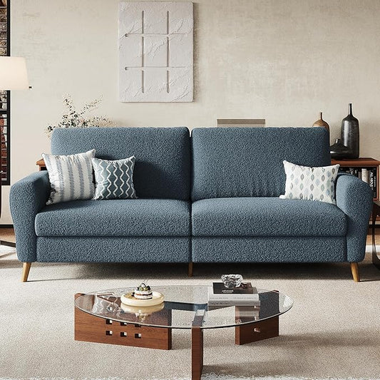 GarveeHome 84" Sofa, 3 Seater Couch for Living Room, Modern Loveseat, Boucle Sofa with Deep Seats, Wide Armrests, Wood Legs, Easy Assembly, Upholstered Comfy Sofa for Bedroom Office, Dark Blue