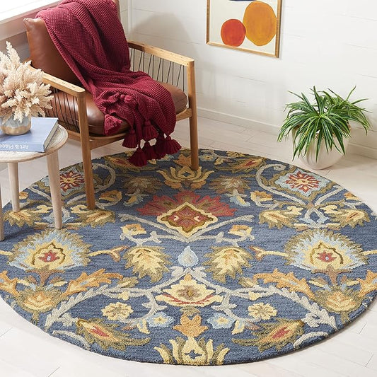 SAFAVIEH Blossom Collection Area Rug - 9' Round, Navy & Multi, Handmade Wool, Ideal for High Traffic Areas in Living Room, Bedroom (BLM402A)
