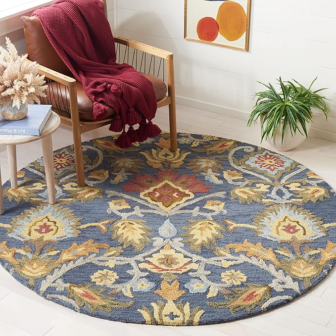 SAFAVIEH Blossom Collection Area Rug - 8' Round, Navy & Multi, Handmade Wool, Ideal for High Traffic Areas in Living Room, Bedroom (BLM402A)