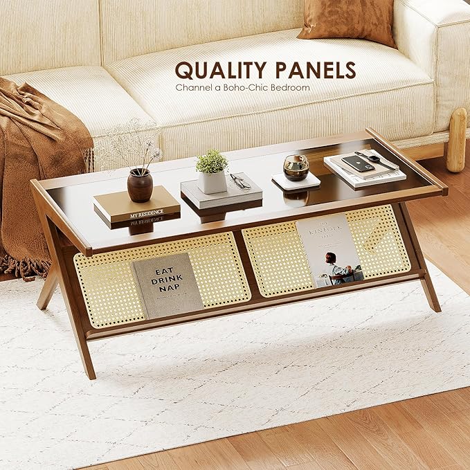 Bamworld Mid-Century Modern Coffee Table with Glass Top Rattan Center Table with Storage for Living Room Table Brown