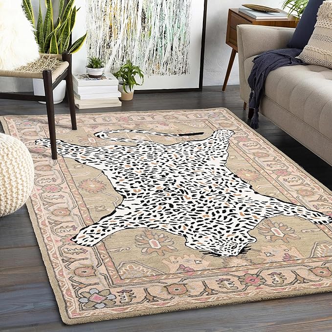 Handmade Leopard Wool Area Rug with Traditional Oushak Motif – Exquisite Animal Print Cheetah Rugs for Living Room, Bedroom | Plush Texture, Vintage Style, Thick & Durable Carpet (Neutral, 9' Round)