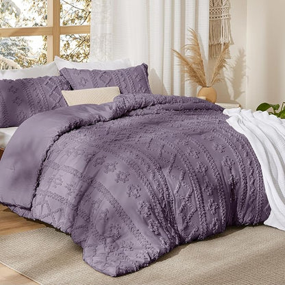 Bedsure Tufted Boho Comforter Set King Size - Grayish Purple Boho Bed Set, GentleSoft™ 3 Pieces Farmhouse Shabby Chic Embroidery Bedding, Gifts for Woman, Soft Jacquard King Comforter for All Seasons