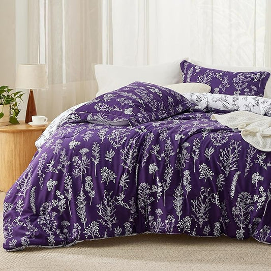 Bedsure Twin/Twin XL Comforter Set - Dark Purple Bed Set, 2 Pieces Cute Floral Bedding, 1 Soft Reversible Botanical Flowers Comforter and 1 Pillow Sham