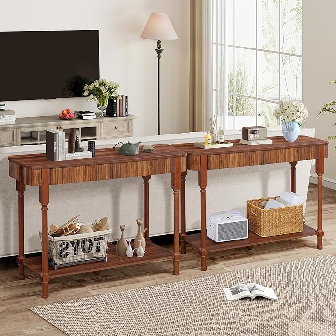 43.3'' Fluted Console Table for Entryway, Narrow Entryway Tables with 2 Wooden Drawers, Retro Sofa Table Behind Couch Accent Tables for Foyer, Living Room, Hallway (Walnut)