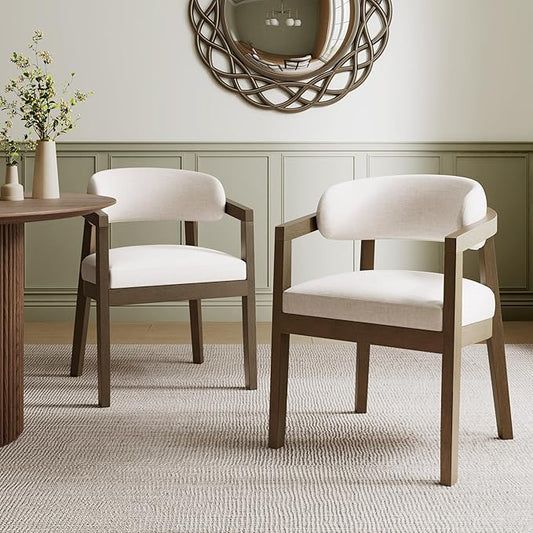 Christopher Knight Home Set of 2 Lanford Fabric Upholstered Dining Chairs, Curved Backrest Kitchen Side Chair, Soft Padded Seat&Back Cushion, Solid Wood Armchair, Ergonomic Extra Seat, Beige+Walnut