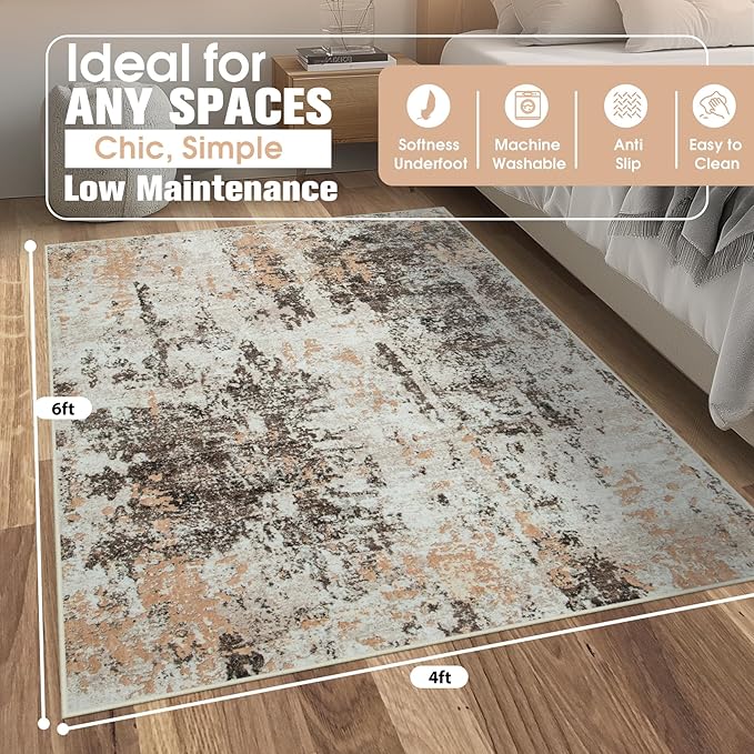 4x6 Area Rugs for Living Room Rug Washable: Abstract Rug for Dining Room Bedroom Carpet Non Slip 4 by 6 Indoor Modern Nursery Home Office Brown Beige