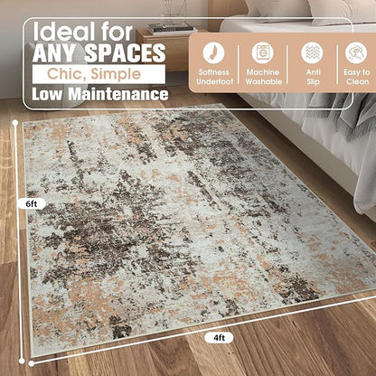 4x6 Area Rugs for Living Room Rug Washable: Abstract Rug for Dining Room Bedroom Carpet Non Slip 4 by 6 Indoor Modern Nursery Home Office Brown Beige