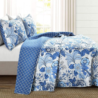 Lush Decor Sydney Reversible Cotton Quilt Set King 3 Piece Bedding, Navy White