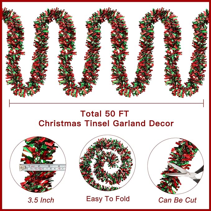 50 Feet Red & Green Metallic Twist Shiny Christmas Tinsel Garland for Tree & Home Decor