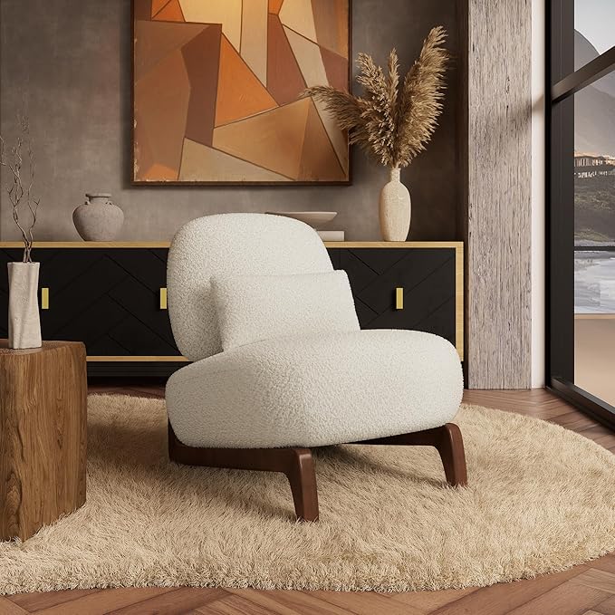 Morden Fort Boucle Chair, Upholstered Accent Chair Tilted Wooden Leg with Durable Comfy Boucle Pet-Friendly Thick Cushion & Pillow Armless Modern Chairs for Living Room Bedroom Reading, Beige