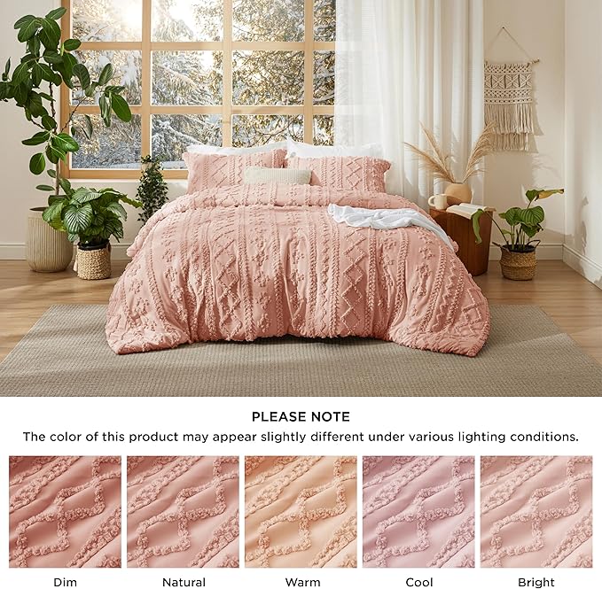 Bedsure Tufted Boho Comforter Set Queen Size - Pink Boho Bed Set, GentleSoft™ 3 Pieces Farmhouse Shabby Chic Embroidery Bedding, Gifts for Woman, Soft Jacquard Queen Comforter for All Seasons
