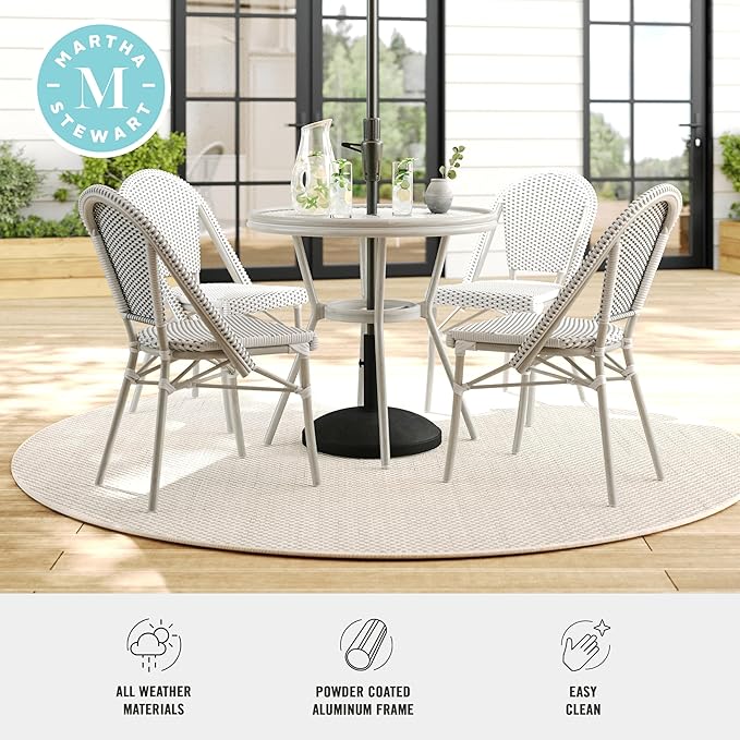 Martha Stewart Lily Pond 31” Round Indoor Outdoor Bistro Dining Table with Aluminum Frame in Gray Woodgrain and Rattan Top in White/Gray with Tempered Glass Top