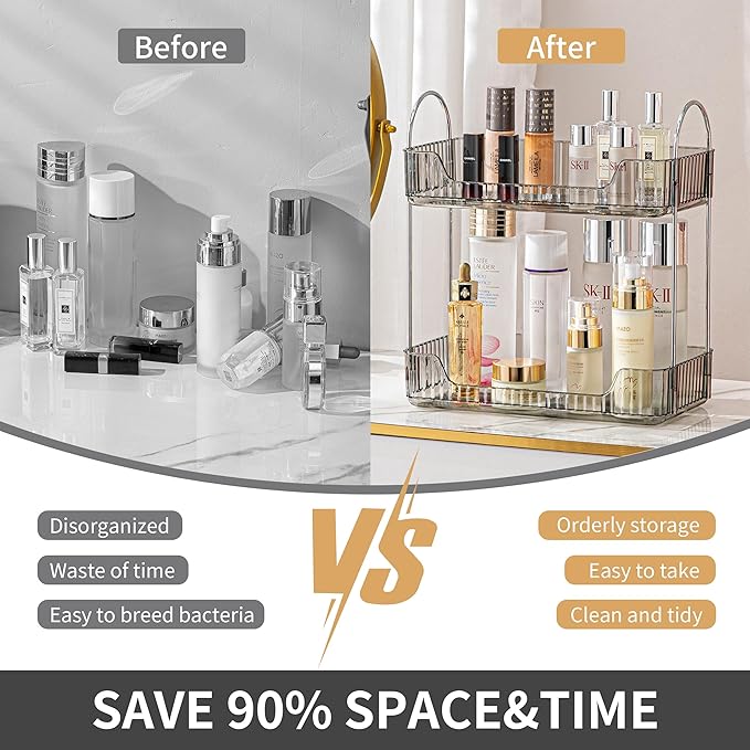 2 Tier Bathroom Organizer Countertop Makeup Perfume Skincare Organizer for Bathroom Dresser Vanity (Grey)