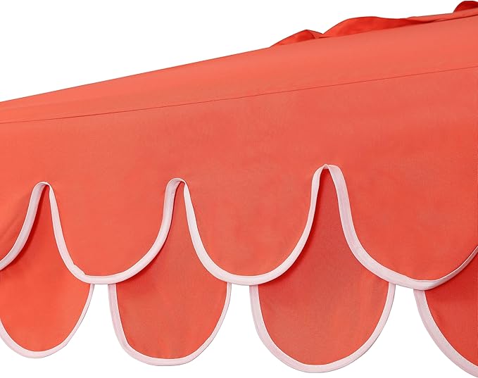 JONATHAN Y UMB1002F Tracy 9 ft. Classic MidCentury Scalloped Fringe Market Patio Umbrella with Auto-Tilt Crank, Wind Vent and UV Protection in Coral Red/White, White Pole