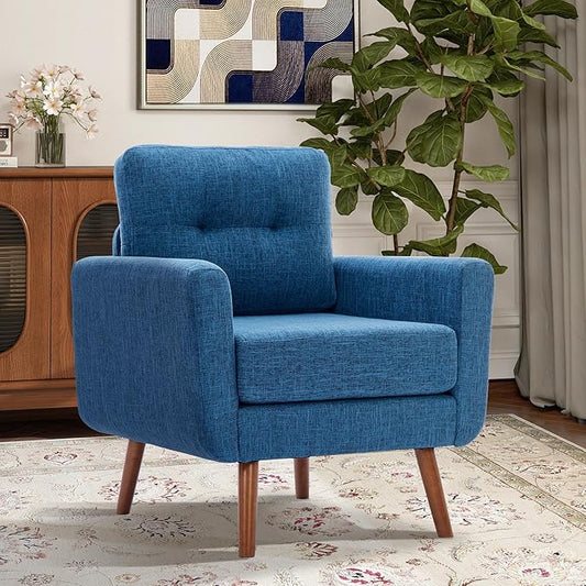 Tbfit Accent Chair, Reading Chair for Living Room & Bedroom, Mid Century Modern Arm Chair, Button Tufted Upholstered Accent Chairs Sofa with Solid Wood Frame (Blue)