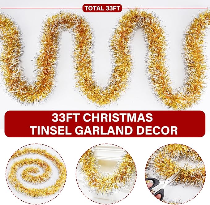 33FT Gold Tinsel Christmas Garland Metallic Twist Shiny Garland for Christmas Tree Decorations, Xmas Holiday Hanging Garland for Home Indoor Outdoor Party Supplies Decor (Gold)