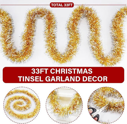 33FT Gold Tinsel Christmas Garland Metallic Twist Shiny Garland for Christmas Tree Decorations, Xmas Holiday Hanging Garland for Home Indoor Outdoor Party Supplies Decor (Gold)