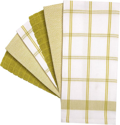 Premium Kitchen Towels 6 Pack Large Cotton Hand Towels Flat Terry Absorbent Tea Towels with Hanging Loop Lime Green Check 20x28