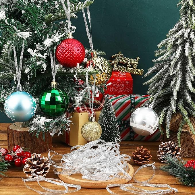 JUNEBRUSHS 300Pcs Christmas Ornament Hangers, Hand Tied String Ties Ornament Loops Thin Ribbon for Ornaments Christmas Tree Hanging Decorations (Silver)