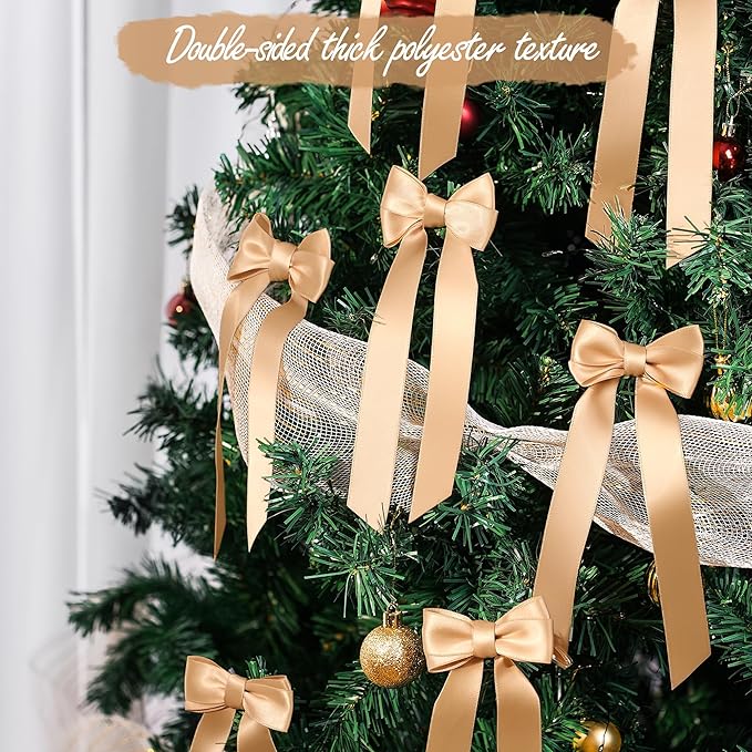 AYGXU 24pcs Christmas Bows Decor,Champagne Gold Bows for Gift Wrapping,Christmas Tree Decorations,Bow Decor,Double-Sided Ribbon Bow,Bag Ties Twists