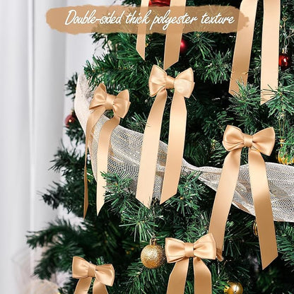 AYGXU 24pcs Christmas Bows Decor,Champagne Gold Bows for Gift Wrapping,Christmas Tree Decorations,Bow Decor,Double-Sided Ribbon Bow,Bag Ties Twists