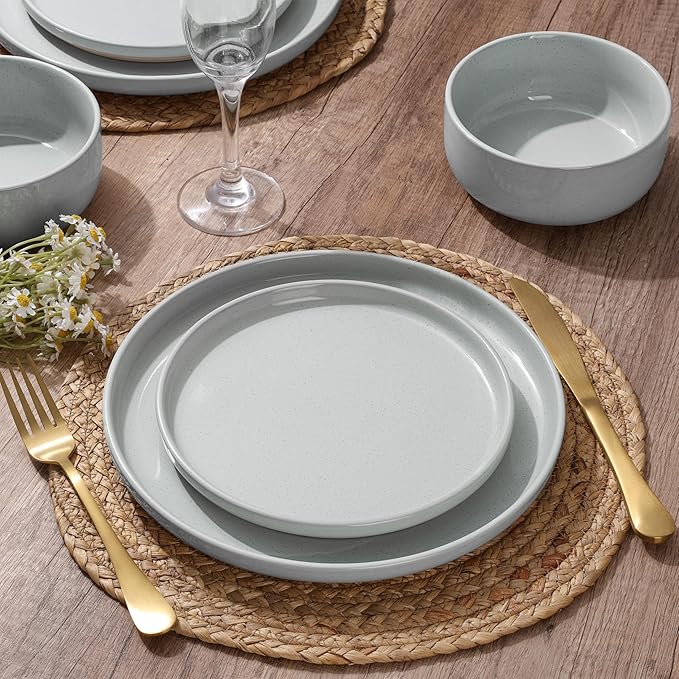 HaWare Stoneware Dinnerware Sets, 12-Piece Plates and Bowls Set for 4, Dishes Set for Home Restaurant, Speckled Misty Grey