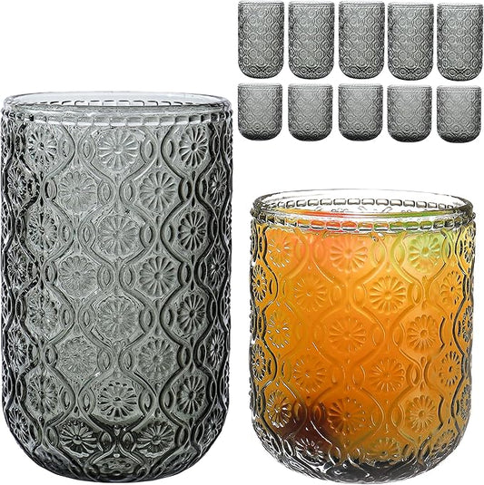 Grey Drinking Glasses Set of 12, 12 Oz Highball & 10 Oz Cocktail Glasses, Grey Kitchen Vintage Glassware Set, Floral Embossed Glass Tumbler Cups for Water, Beer, Juice, Whiskey, Coffee