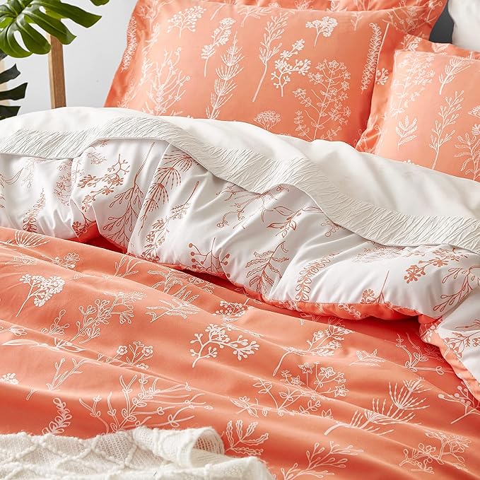 Bedsure Queen Comforter Set - Coral Orange Bed Set, 3 Pieces Cute Floral Bedding, 1 Soft Reversible Botanical Flowers Comforter and 2 Pillow Shams