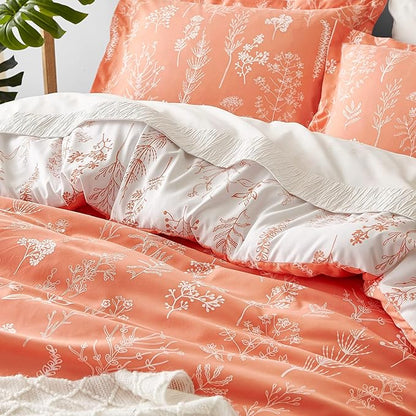 Bedsure King Comforter Set - Coral Orange Bed Set, 3 Pieces Cute Floral Bedding, 1 Soft Reversible Botanical Flowers Comforter and 2 Pillow Shams